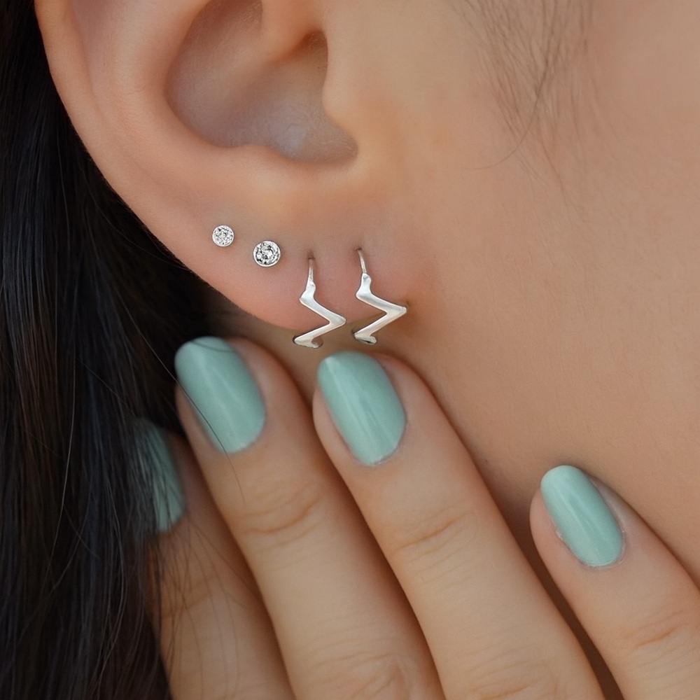 Zigzag Huggie Earrings | Silver Tone Platinum Plated | Minimalist Hoop Earrings